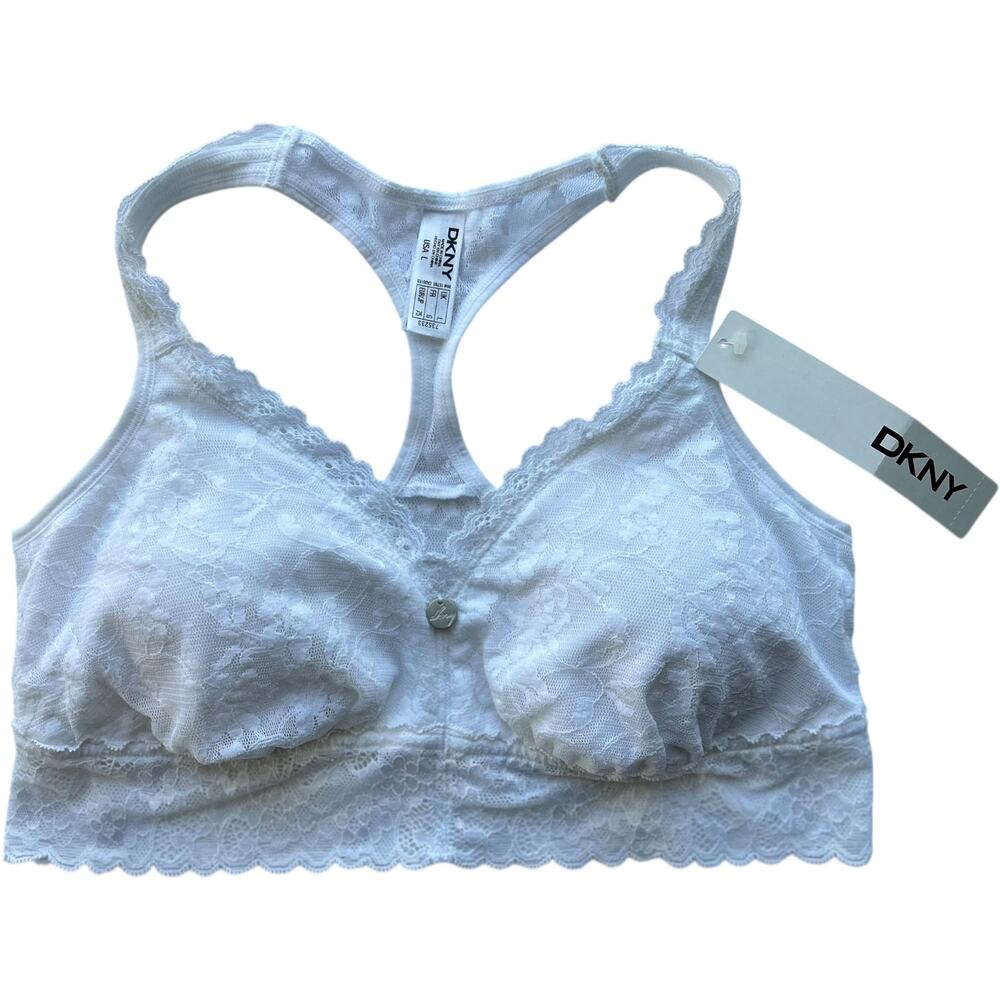 DKNY White Lace Bralette Racerback Bra Size L NWT